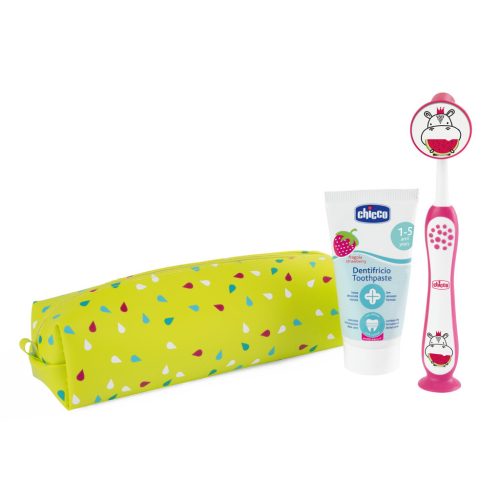 CHICCO Fogkefe és fogkrém szett tokban - Hippo, 3év+