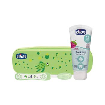   CHICCO Fogkefe és fluoridos fogkrém készlet Always Smiling tokban zöld 12m+