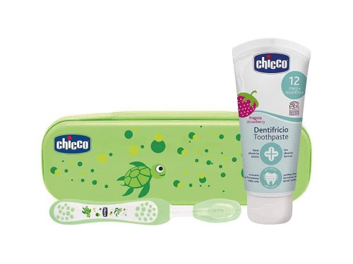 CHICCO Fogkefe és fluoridos fogkrém készlet Always Smiling tokban zöld 12m+