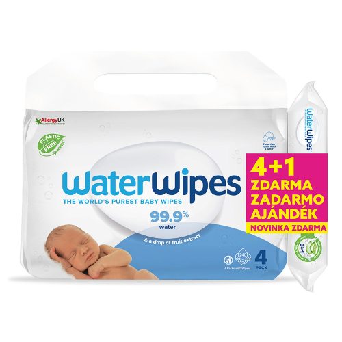 4x WATERWIPES Műanyagmentes nedves törlőkendő 60 db (240 db) + Hydrating clean törlőlkendő 60 db