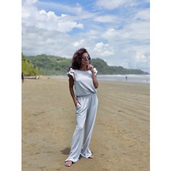 Kétrészes női fodros hosszú nadrág szett - Krém