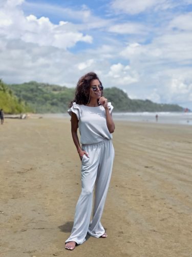 Kétrészes női fodros hosszú nadrág szett - Krém