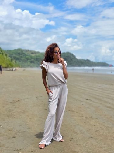 Kétrészes női fodros hosszú nadrág szett - Bézs