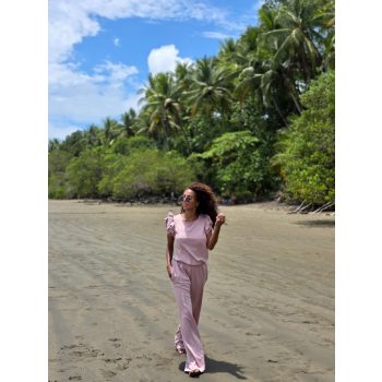   Kétrészes női fodros hosszú nadrág szett - Púderrózsaszín