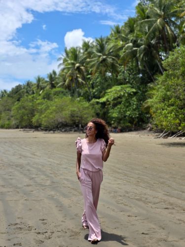 Kétrészes női fodros hosszú nadrág szett - Púderrózsaszín