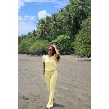   Kétrészes női fodros hosszú nadrág szett - Pasztell sárga