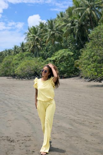 Kétrészes női fodros hosszú nadrág szett - Pasztell sárga