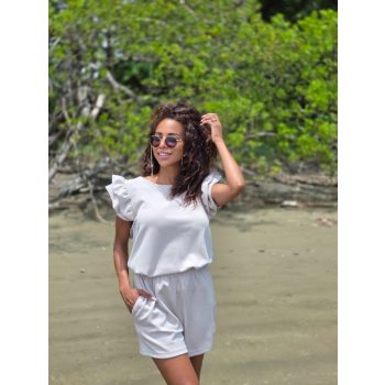 Kétrészes női fodros rövid nadrág szett - Bézs