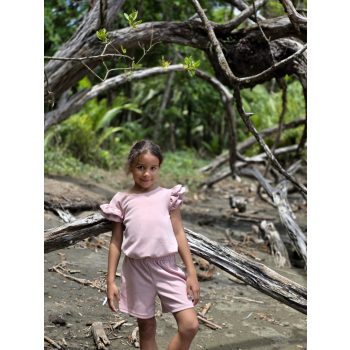   Kétrészes gyerek szett fodros rövid nadrággal -  Púderrózsaszín