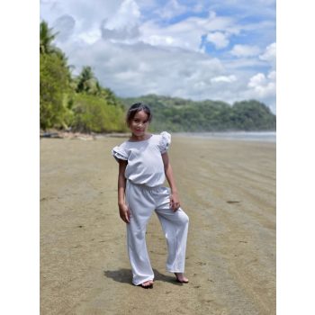 Kétrészes gyerek szett fodros hosszú nadrággal -  Krém