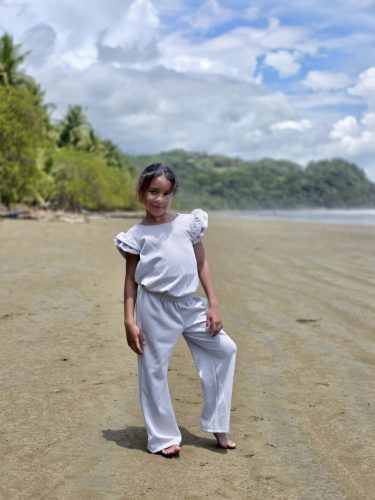 Kétrészes gyerek szett fodros hosszú nadrággal -  Krém