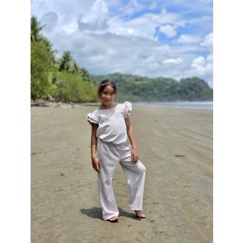 Kétrészes gyerek szett fodros hosszú  nadrággal -  Bézs