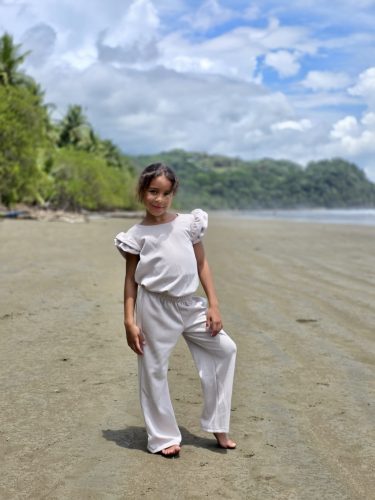 Kétrészes gyerek szett fodros hosszú  nadrággal -  Bézs