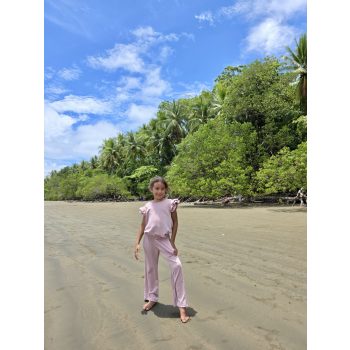   Kétrészes gyerek szett fodros hosszú nadrággal -  Púderrózsaszín