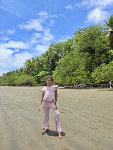 Kétrészes gyerek szett fodros hosszú nadrággal -  Púderrózsaszín