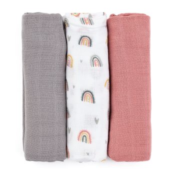   PETITE&MARS Bambusz muszlin 3db-os pelenka szett Moussy Rose Rainbows, 68 x 68 cm