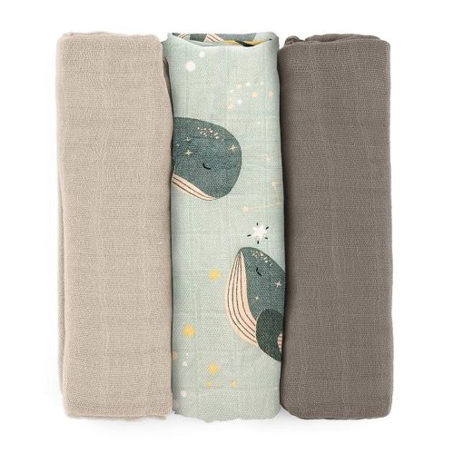 PETITE&MARS Bambusz muszlin pelenka szett 3 db Moussy Whale Song 68 x 68 cm