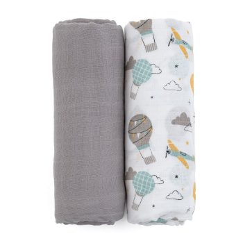   PETITE&MARS Bambusz muszlin 2db-os pelenka szett Misty Grey Planes, 120 x 120 cm