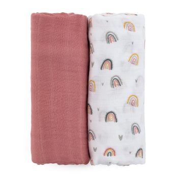   PETITE&MARS Bambusz muszlin 2db-os pelenka szett Misty Rose Rainbow, 120 x 120 cm