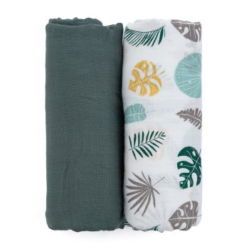   PETITE&MARS Bambusz muszlin 2db-os pelenka szett Misty Green Leaves, 120 x 120 cm