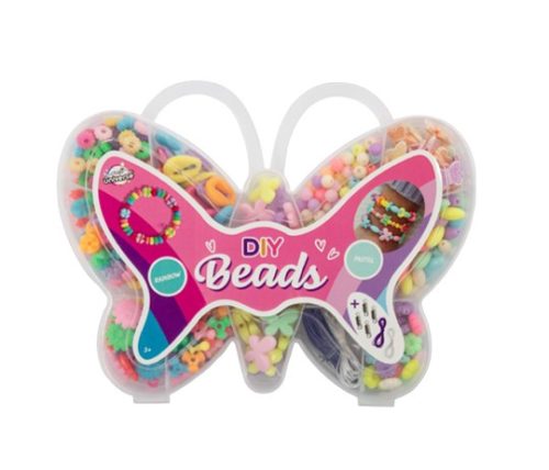 Szivárványos és pasztell színű gyöngyfűző készlet pillangó alakú dobozban Grafix