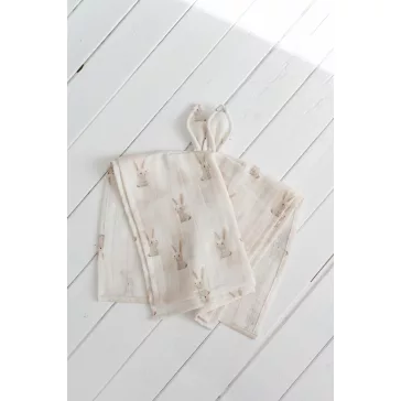   Nyuszi mintás muszlin nyuszifüles textil szundikendő - akár névre szóló hímzéssel 