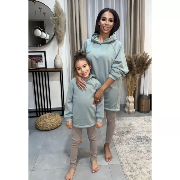 Pasztell menta hosszított anya - gyerek pulcsi & bézs leggings szett / Felnőtt Pasztell menta hosszított anya - gyerek pulcsi & bézs leggings szett / Felnőtt